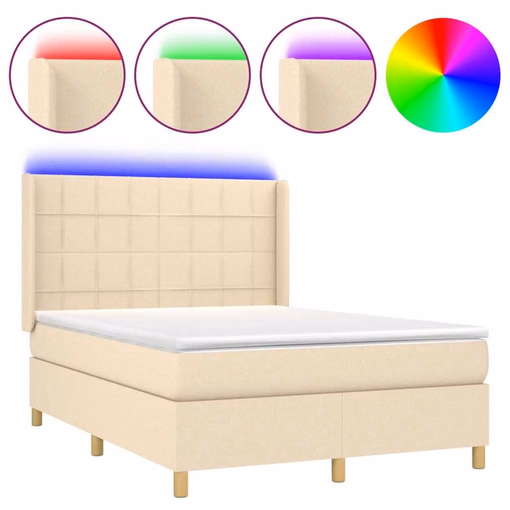 Letto a Molle con Materasso e LED Crema 140x200 cm in Tessuto