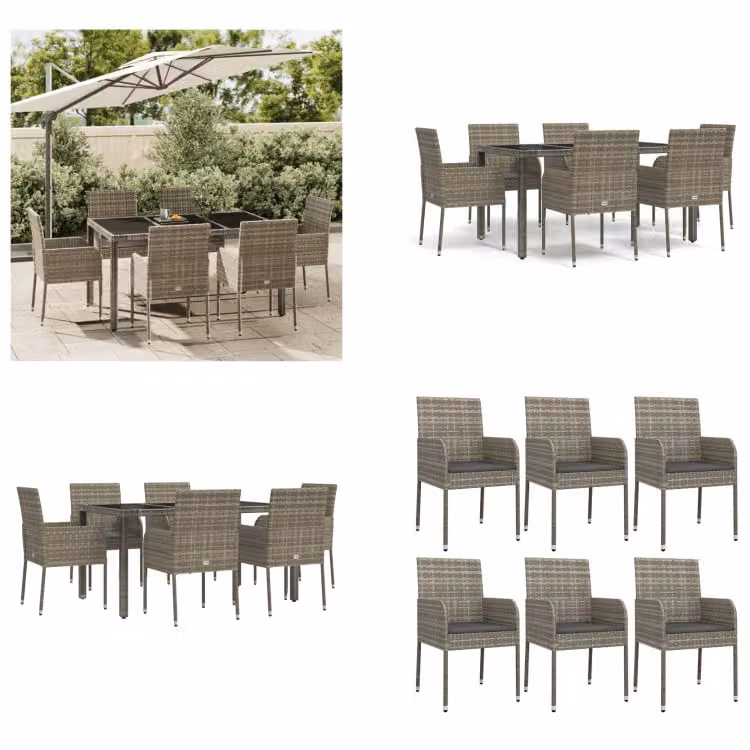 vidaXL Set da pranzo da giardino 7 pezzi con cuscini in poly rattan grigio - Set da pranzo da giardino - Set da pranzo da giardino - Set da pranzo da terrazza