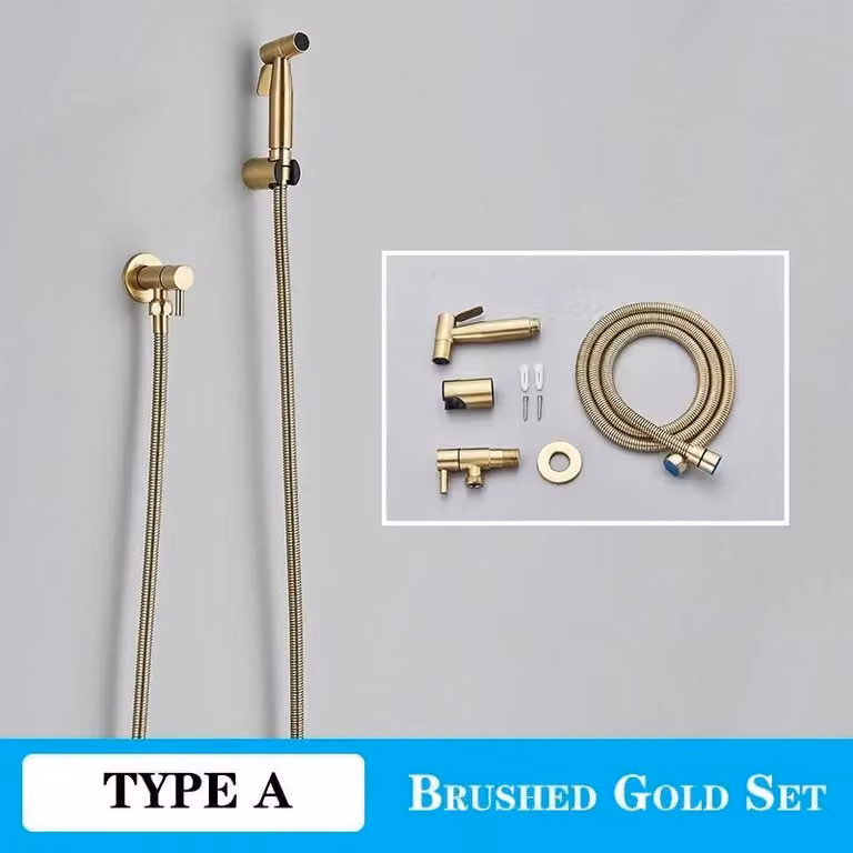 Doccia per bidet da fissare al WC - Shattaf da montare a parete - Rubinetto per acqua fredda - Acciaio inossidabile - Getto orizzontale - Finitura dorata spazzolata, tipo A