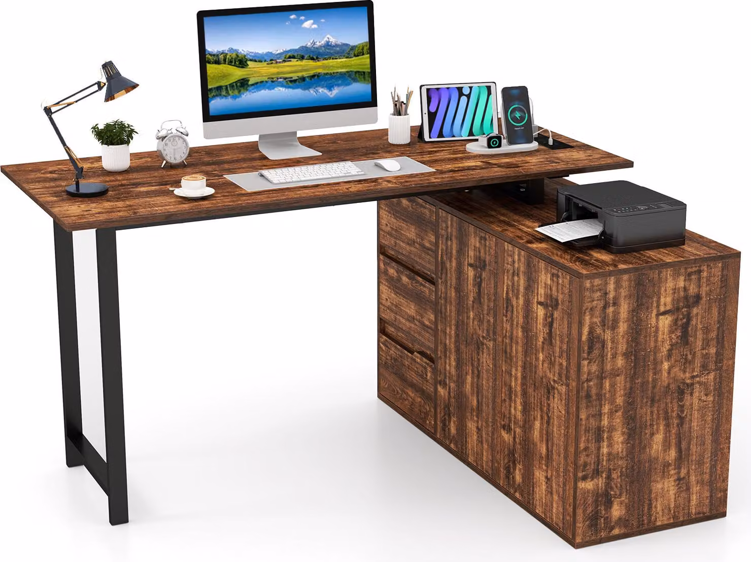 COSTWAY Scrivania a L con stazione di ricarica, schedario, 3 cassetti e 2 ante, scrivania angolare reversibile, scrivania per computer in metallo e legno marrone