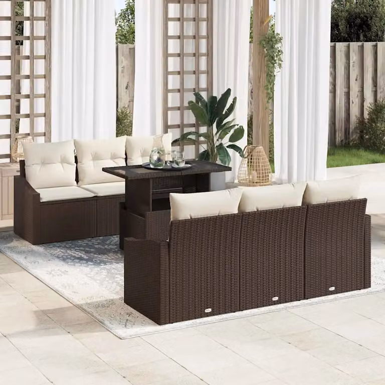 Set Divano da Giardino vidaXL 7 Pezzi Marrone con Cuscini e Tavolino in Polyrattan e Acciaio