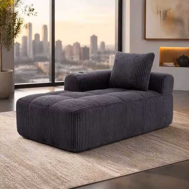 Divano Mivray moderno in tessuto a righe grigio antracite con portabevande e coperture rimovibili