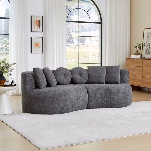 Divano modulare 2 moduli con 6 cuscini in chenille grigio