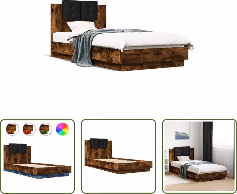 The Living Store Struttura letto con testiera e luci LED in rovere fumé 75x190cm