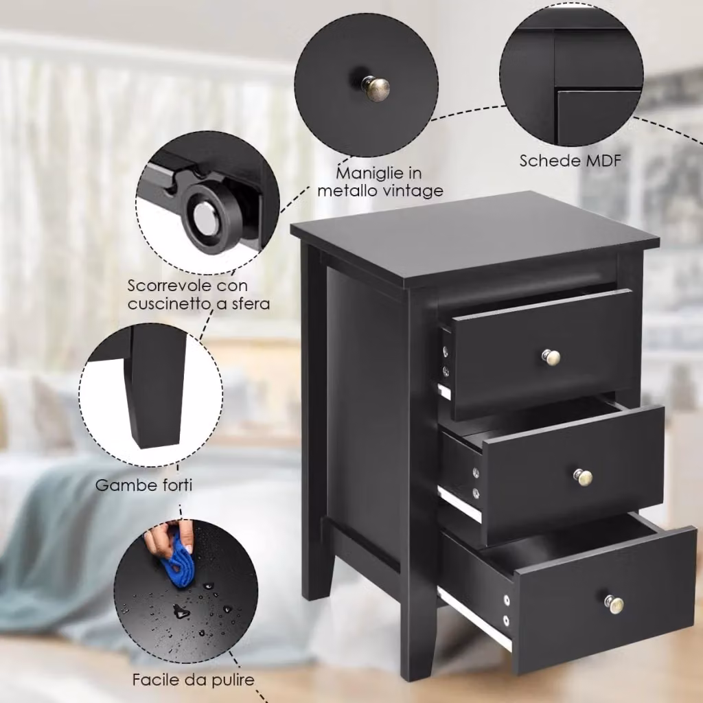 Set di 2 comodini moderni Costway con 3 cassetti, colore nero, L: 46 cm, P: 37 cm, H: 65 cm – 2
