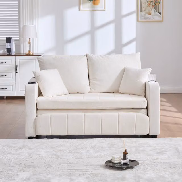 Divano letto convertibile in ciniglia con tasche laterali e 4 cuscini per piccoli spazi beige