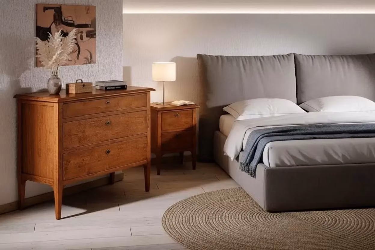 Set da camera da letto Mobili 2G composto da 1 cassettiera e 2 comodini in legno di pino color noce stile arte povera – 2