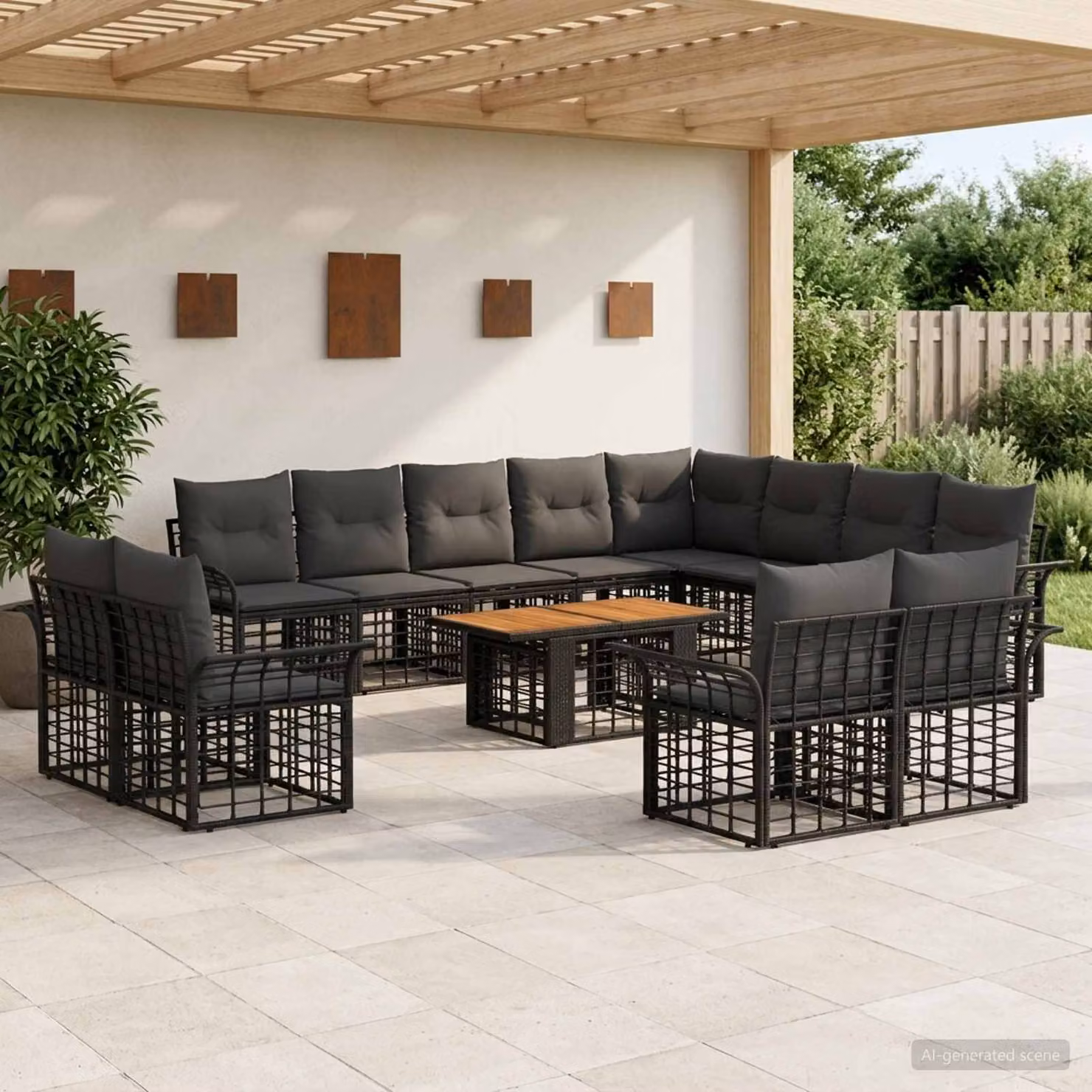 Set Divano da Giardino vidaXL 13 pz in Polyrattan con Tavolino e Cuscini, Design Moderno a L, Colore Nero e Grigio