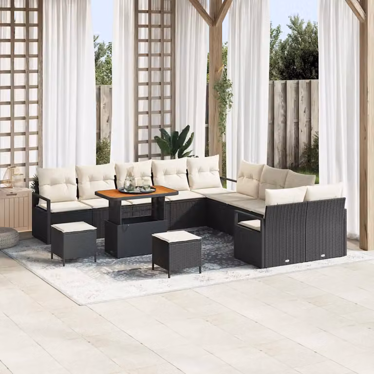 Set Divano da Giardino vidaXL 13 pz Nero con Cuscini e Tavolino in Polyrattan e Acciaio
