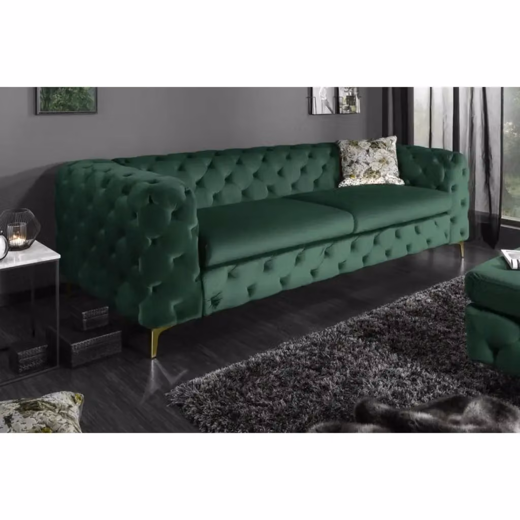 Divano dritto VELENA Meublorama in velluto verde smeraldo con piedi in metallo dorato L: 235 cm, P: 72 cm, H: 71 cm – 2