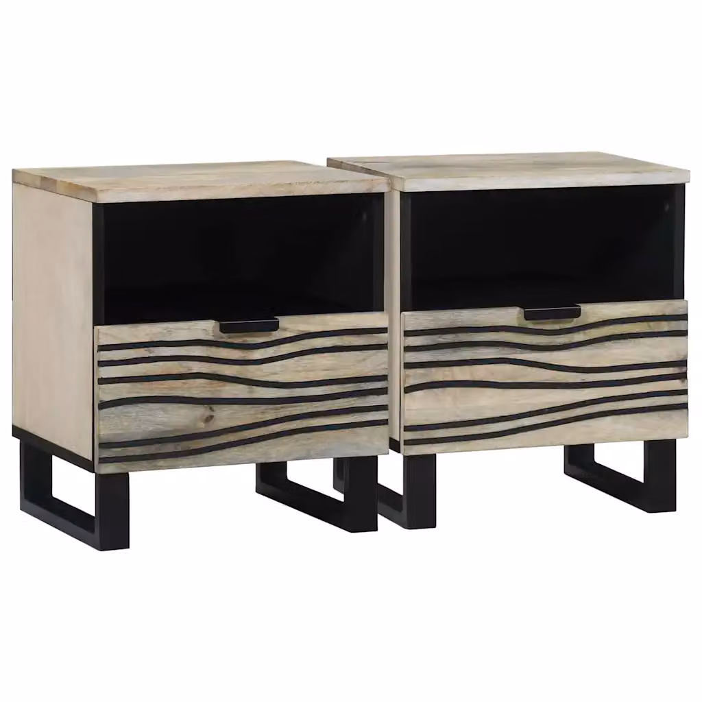 Set di 2 Armadi da Notte vidaXL in Legno di Acacia e Mango, Colore Bianco, L 40 cm x P 33 cm x H 46 cm