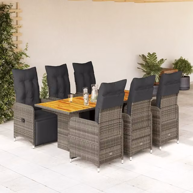 Set Bistrò da Giardino vidaXL in Polyrattan Grigio con Tavolo in Legno di Acacia 7 pz – 1
