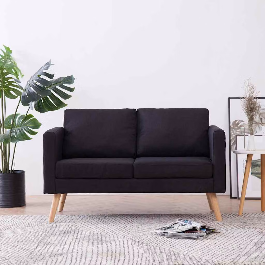vidaXL Divano a 2 Posti Moderno in Tessuto Nero con Struttura in Legno Solido – 1