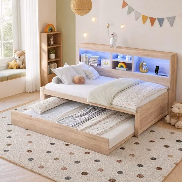 Divano letto estraibile REDOM beige con prese USB, luce ambientale e ripiani laterali L/P/H: 90 x 200 cm