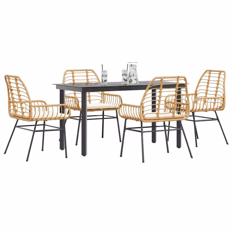 Set da Pranzo da Giardino vidaXL in Polyrattan con Tavolo in Vetro e 5 Cuscini