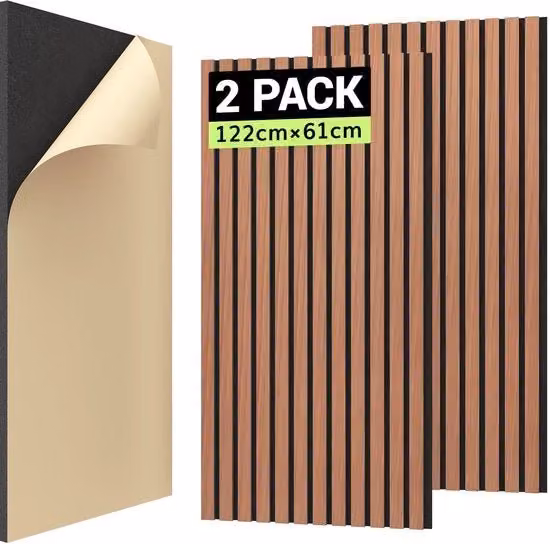 Pannelli acustici autoadesivi in legno TONOR Slat Wall, isolanti e assorbenti per ufficio, Arancione, L/P/H: 122 x 61 x 2,1 cm, 2 pezzi (1,488 m²)