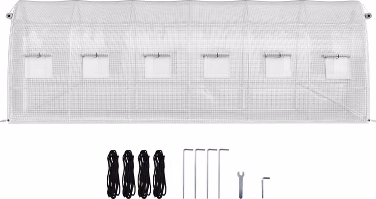 Serra a tunnel walk-in SucceBuy, serra portatile per piante di 20 x 10 x 7 piedi, struttura in acciaio zincato con 3 travi superiori, 4 pali diagonali, 2 porte con cerniera e 12 finestre avvolgibili - Bianco