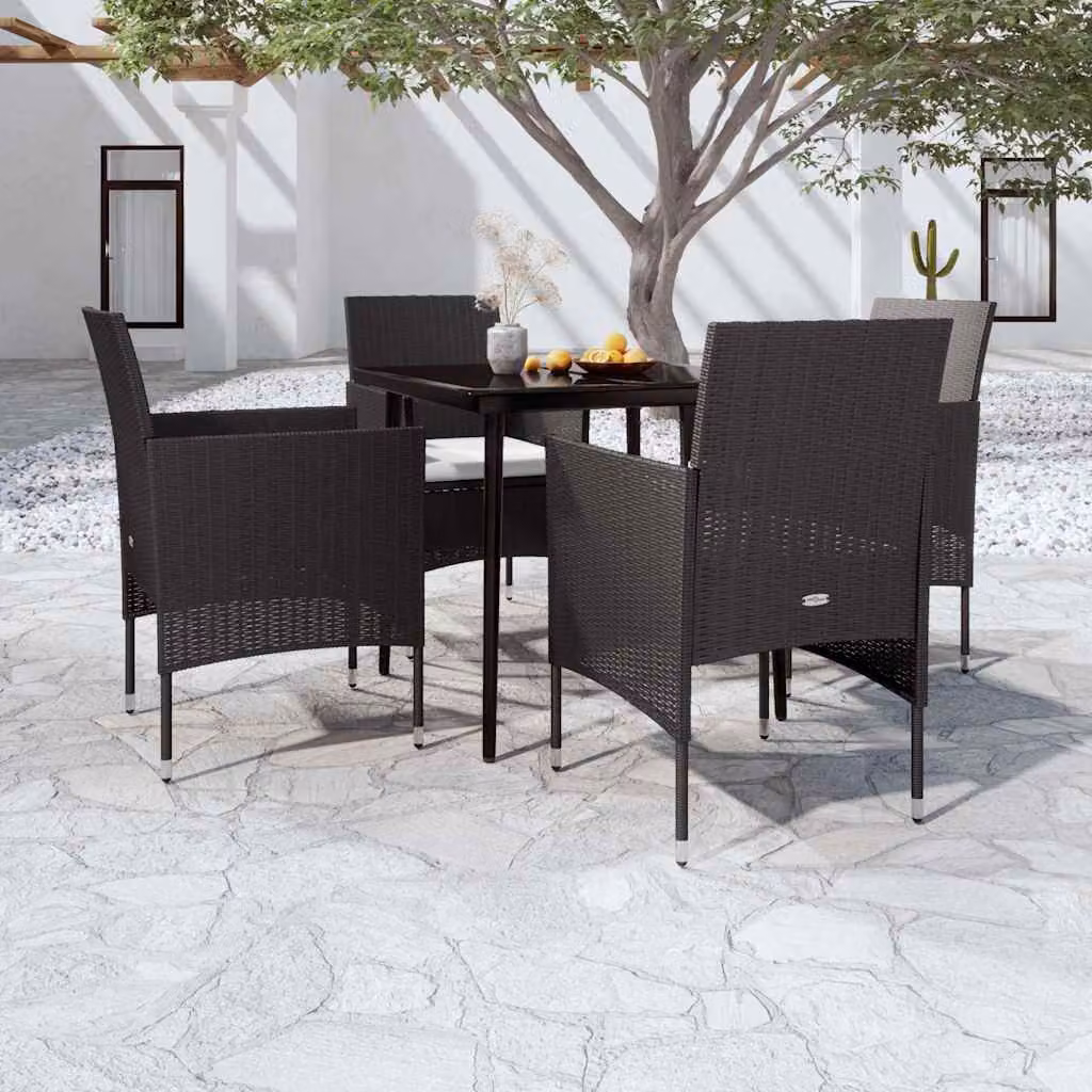 Set da pranzo da giardino vidaXL in metallo e vetro nero con 5 pezzi e cuscini