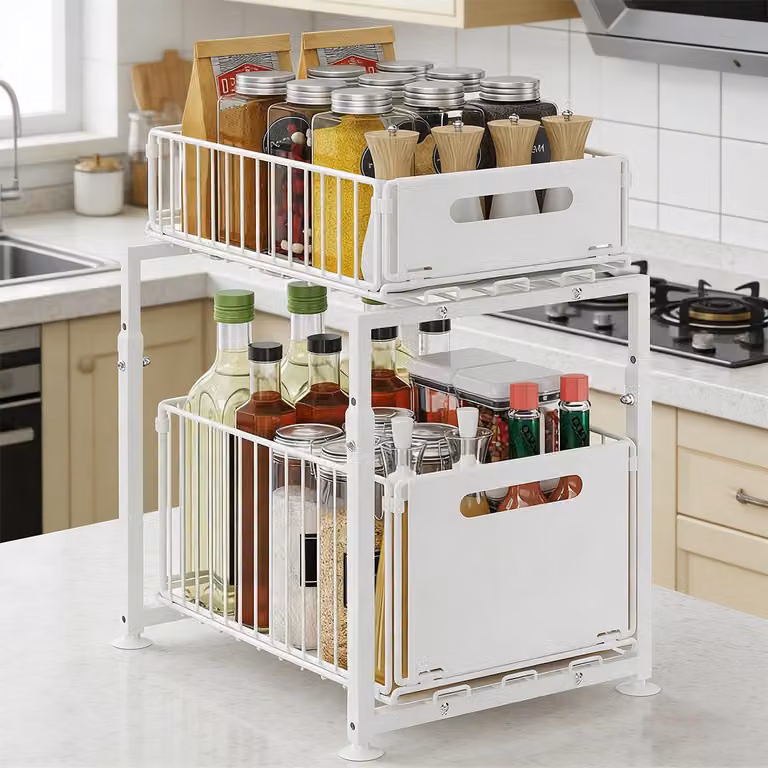 Organizer per armadio da cucina a 2 ripiani sotto il lavello, organizer per armadio lavello, scaffale a cassetti bianco