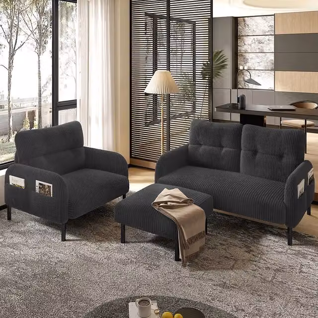 Set 3 pezzi - Xylo - divano+poltrona+pouf cord tubo acciaio grigio