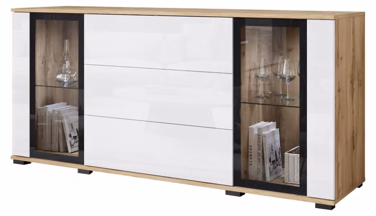 Comò da 150 cm con vetrina e cassetti, finitura wotan/bianco lucido con illuminazione LED