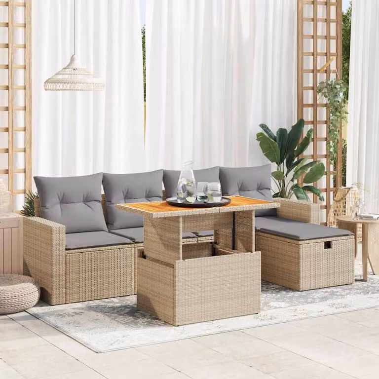 Set Divano da Giardino vidaXL 6 Pezzi in Polyrattan con Cuscini Beige e Tavolino da Esterno