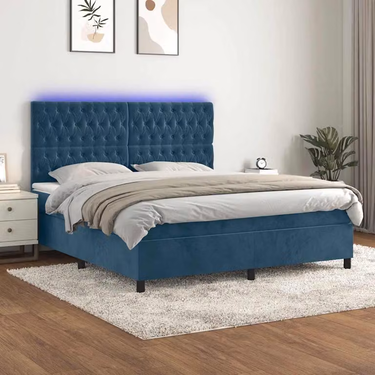 Letto Ibrido vidaXL in Velluto Blu e Bianco con Illuminazione LED Sotto il Letto e Porte USB, L/P/H: 160 x 200 x 128 cm