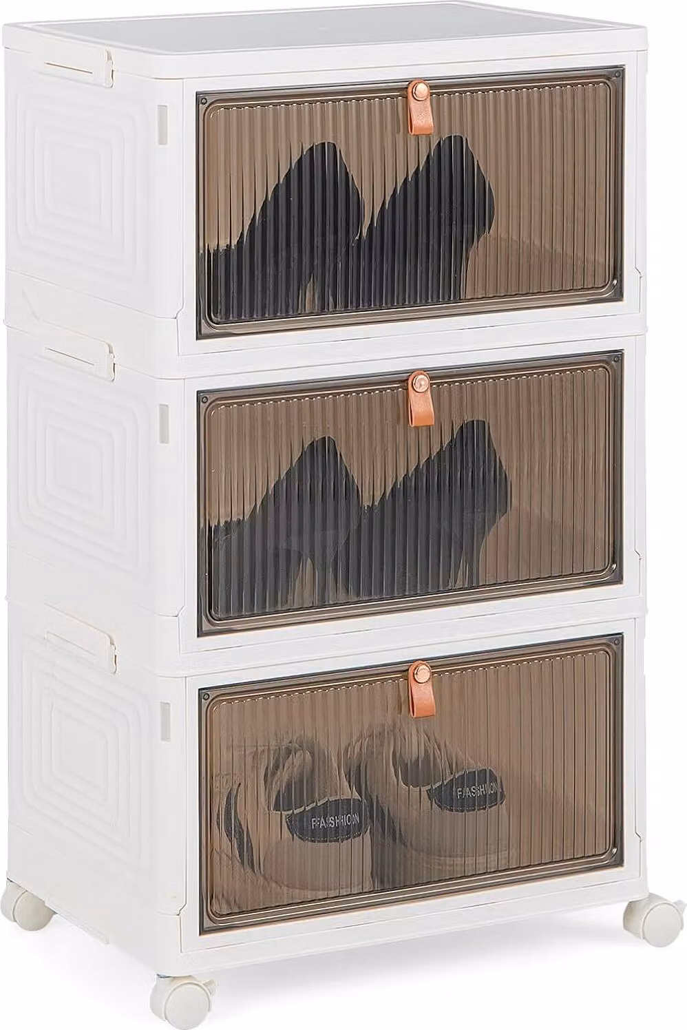 COSTWAY Scatole portaoggetti a 3 livelli con coperchio e rotelle, scatole impilabili con ante magnetiche trasparenti, scatole pieghevoli per riporre scarpe, giocattoli, vestiti