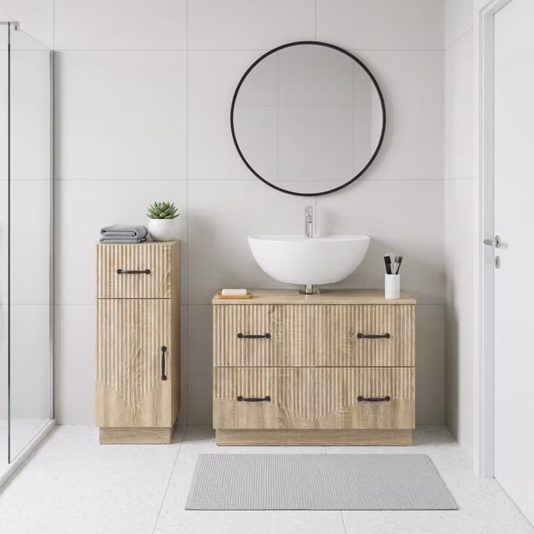 Set di mobili da bagno vidaXL HOORN composto da 2 pezzi in Rovere Sonoma, colore marrone, con mobile sottolavabo e mobiletto laterale moderno con ante a cerniera e ripiani interni