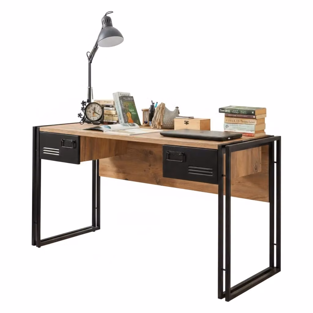 Scrivania DMORA moderna per ufficio e casa, tavolo porta PC rettangolare in legno e metallo, L/P/H: 139 x 60 x 75 cm, Quercia e Nero – 2