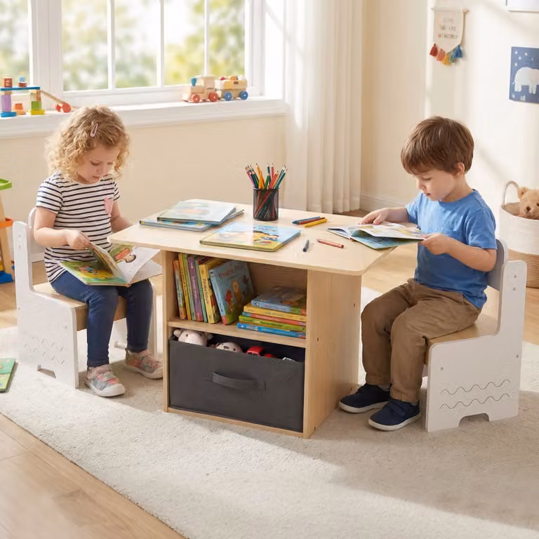 Set di tavolo e 2 sedie per bambini Costway in legno bianco e verde con scomparti e cassetto pieghevole