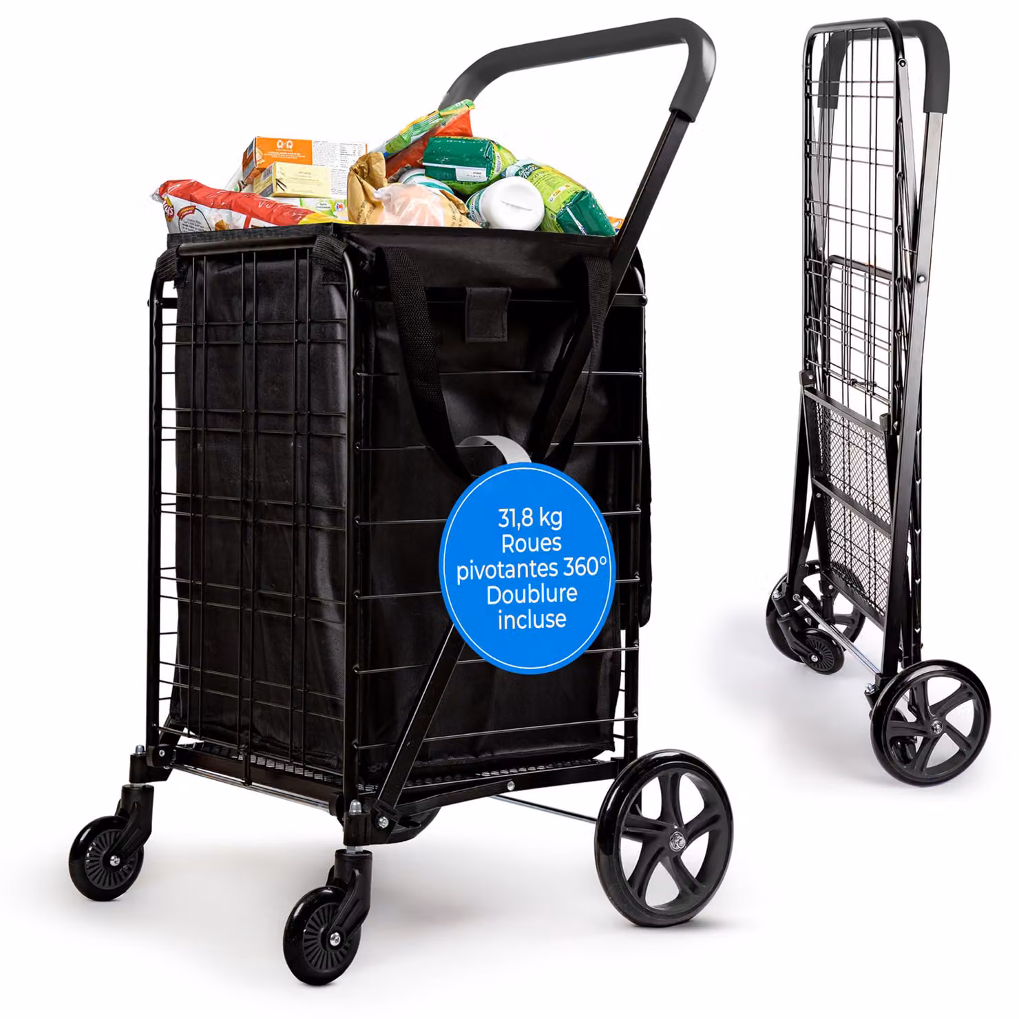 Carrello per la spesa, carrello pieghevole per la spesa, capacità di carico di 32 kg, ruote girevoli a 360°
