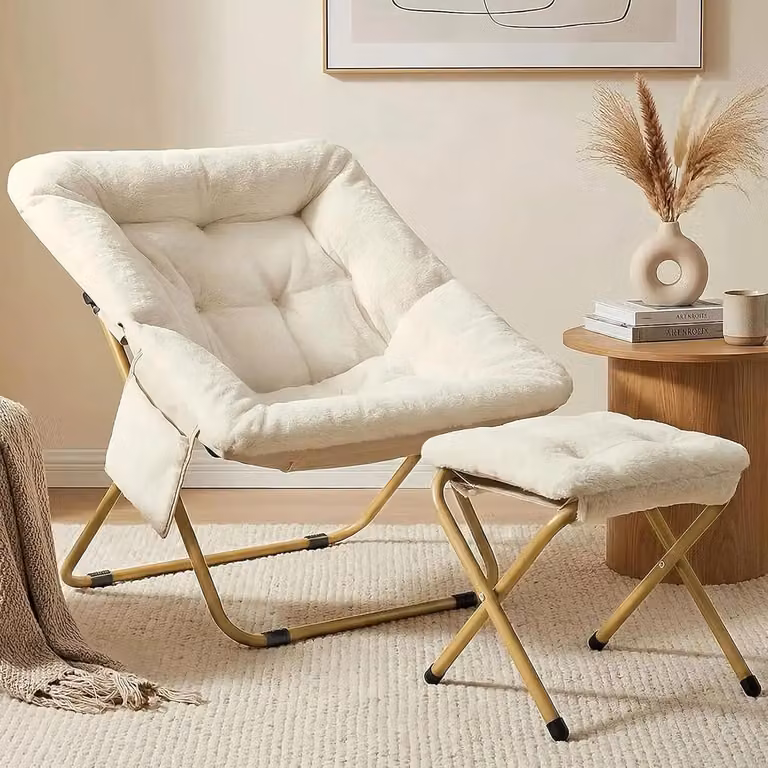 Poltrona reclinabile con poggiapiedi - Poltrona relax - Imbottita - Pieghevole - Rivestita in tessuto - Struttura in metallo - 72 x 76 x 78 cm - Beige