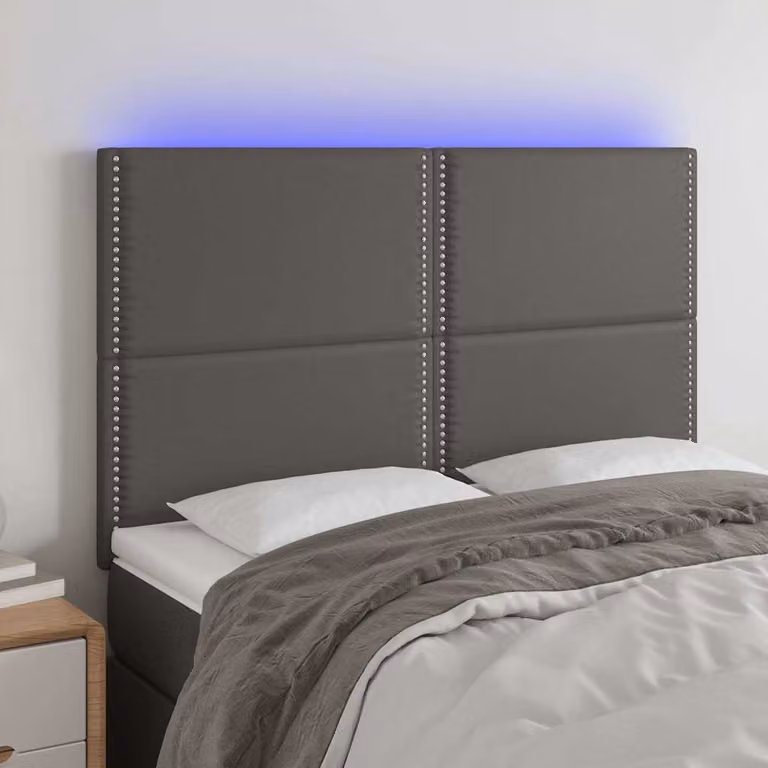 Testiera con LED e porta USB vidaXL in similpelle grigia, L: 144 cm, P: 5 cm, H: 118/128 cm