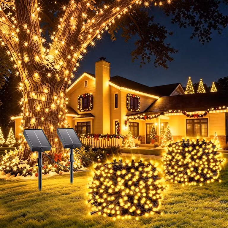 Catena luminosa solare, 12 metri, 100 LED, 8 modalità, luce bianca calda