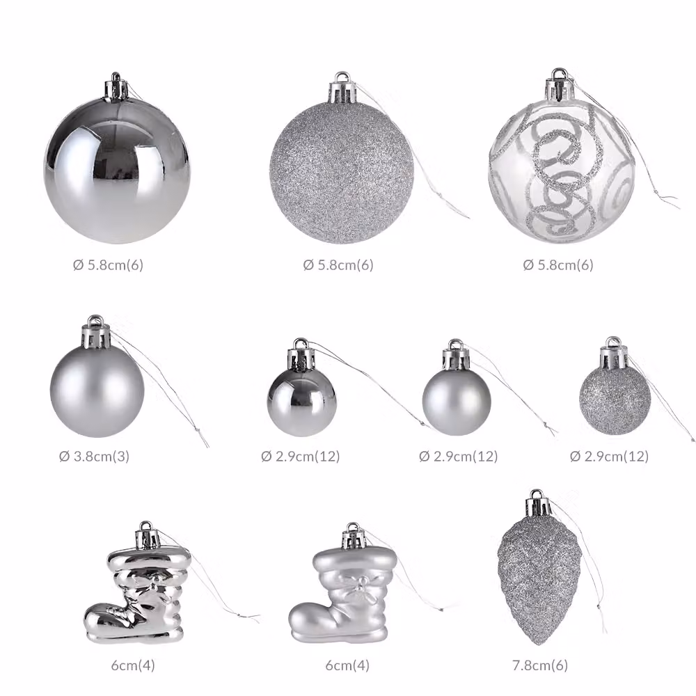 Set da 120 palline di Natale Casaria argento con decorazioni astratte e geometriche in plastica – 1