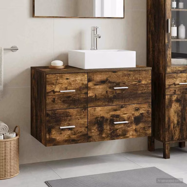 Set di mobili da bagno moderni vidaXL in legno Rovere Fumo composto da base lavabo e pensile a muro L/P/H: 79,5 x 49,5 x 41,0 cm e 41,0 x 34,9 x 49,5 cm