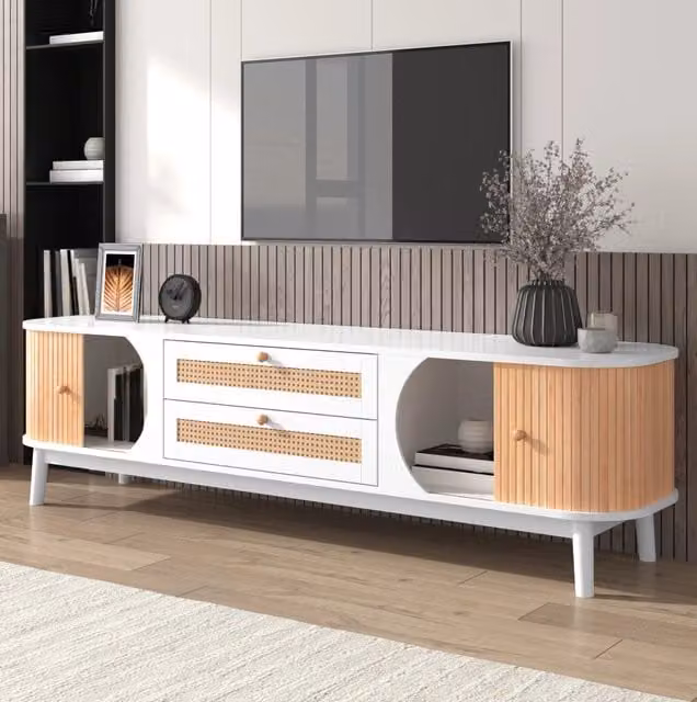 Mobile TV in MDF con ante e cassetti in rattan; 170 x 39;5 x 46 cm; bianco