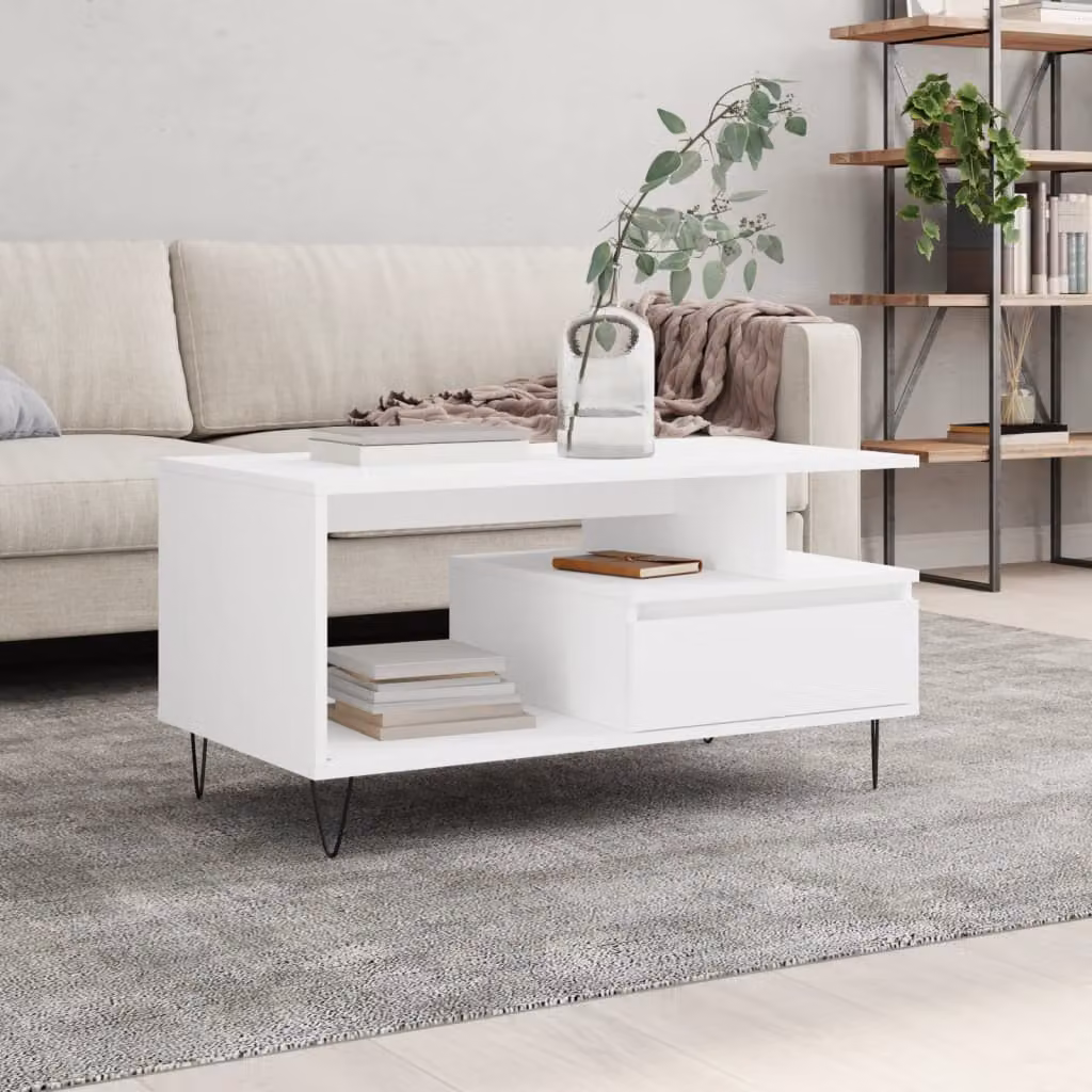 vidaXL Tavolino da Salotto Moderno Bianco L: 90 cm, P: 49 cm, H: 45 cm in Legno e Metallo