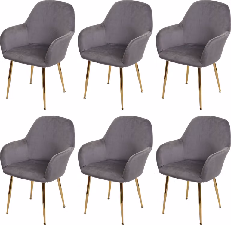 set di 6 sedie per sala da pranzo HWC-F18, sedia da cucina, design retrò ~ grigio velluto, gambe dorate