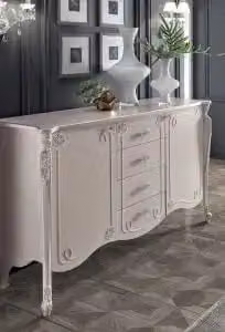 Credenza madia Camilla KIVIO in legno massiccio stile shabby chic bianco anticato con dettagli argento