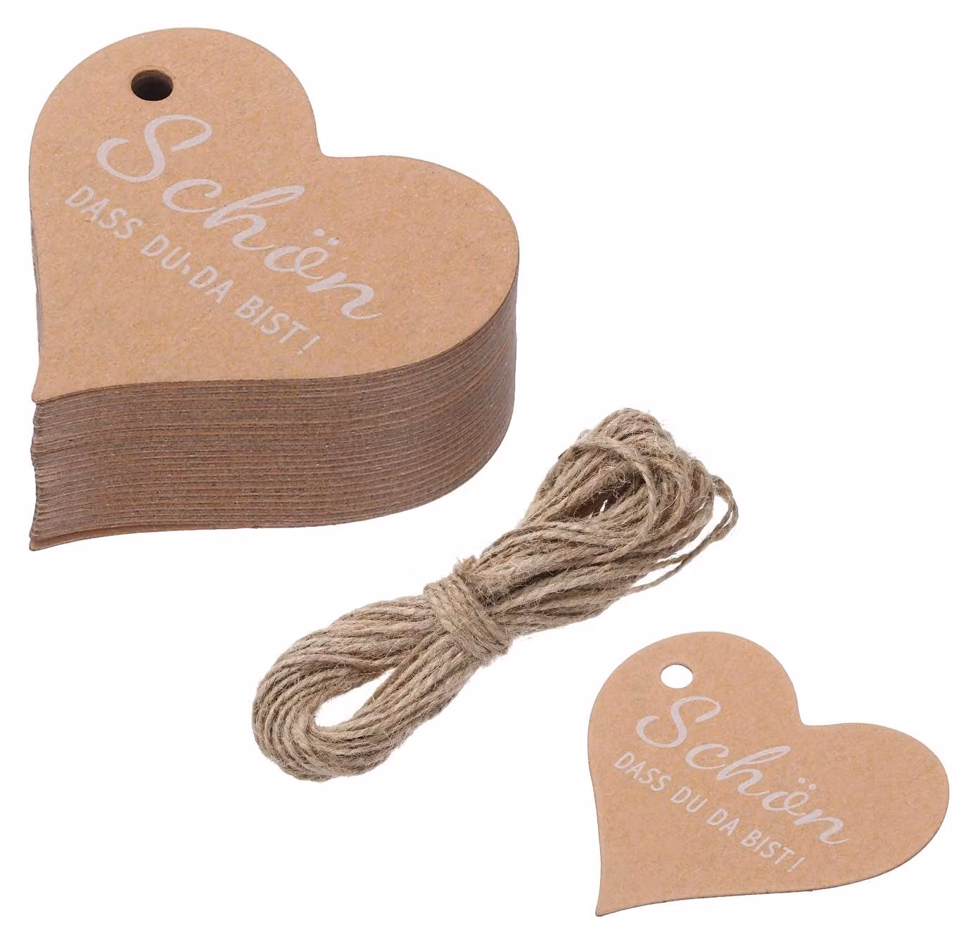 50 etichette regalo a forma di cuore, realizzate in carta kraft, dimensioni 50 x 50 mm, con cordino di juta, colore bianco