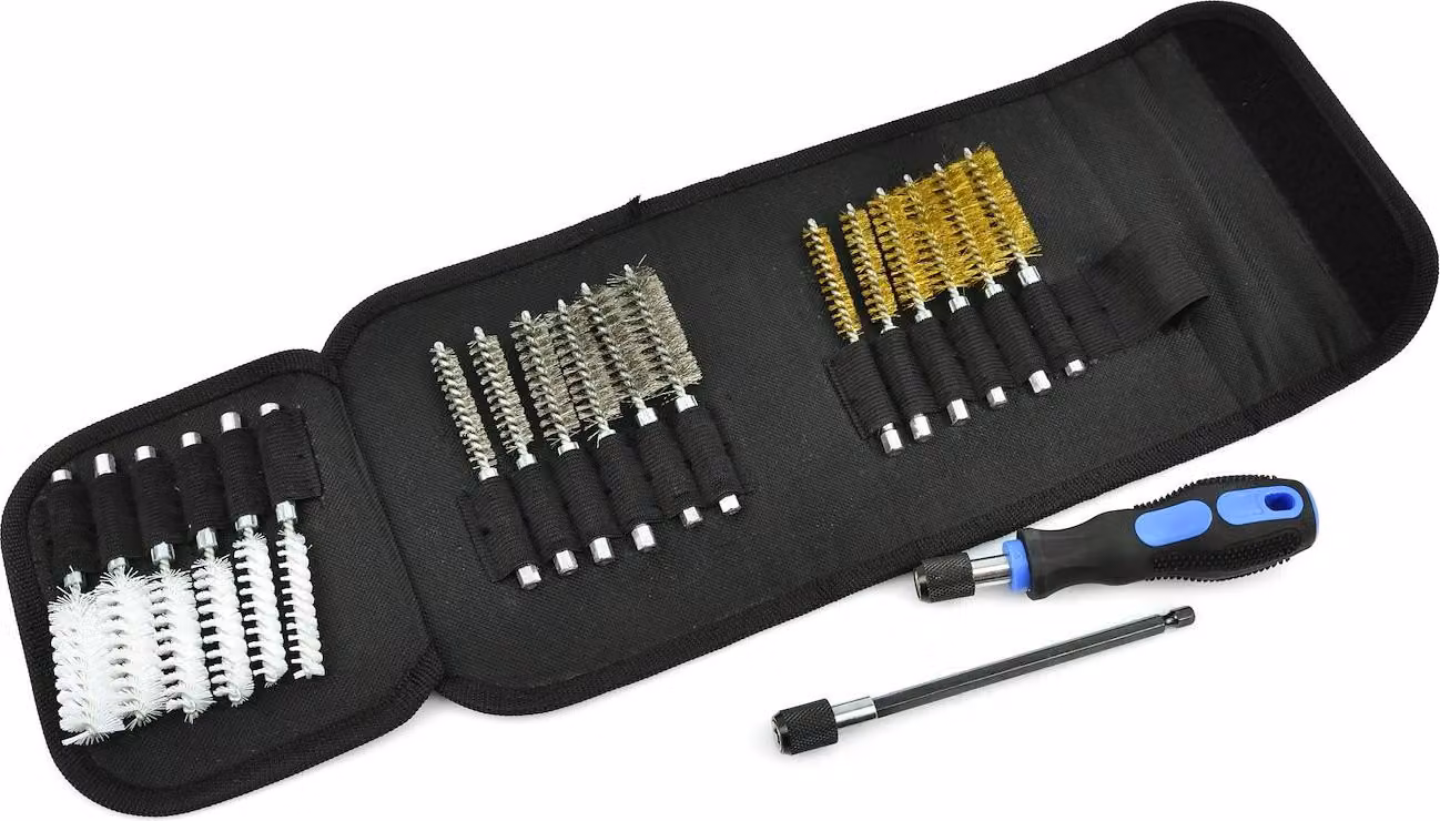 Set per la pulizia degli ugelli degli iniettori Con 18 spazzole - nylon, ottone, acciaio, Manico di prolunga incluso Per unità da 1/4", Ideale per le prese per candele e candelette.