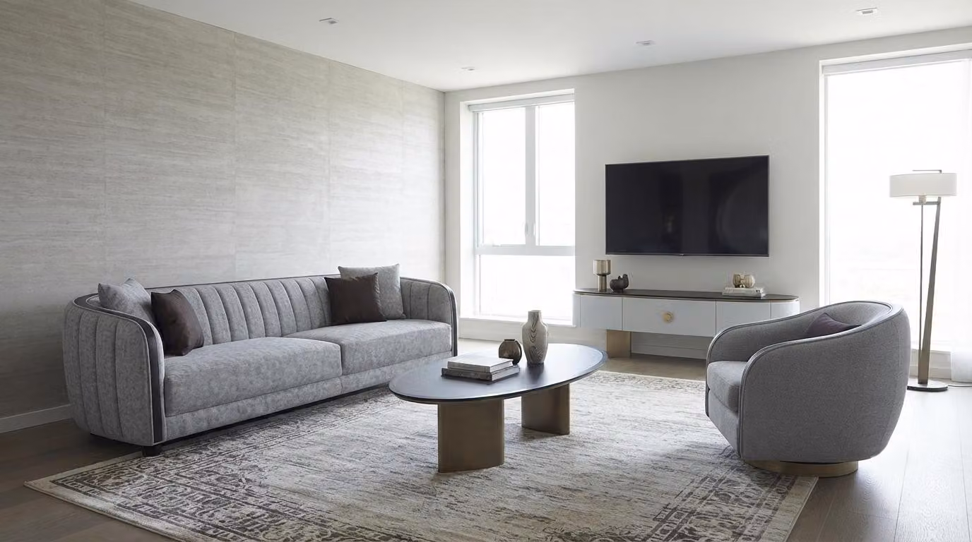 Set per soggiorno: divano a 3 posti, tavolino, mobile basso. Stile moderno, confortevole