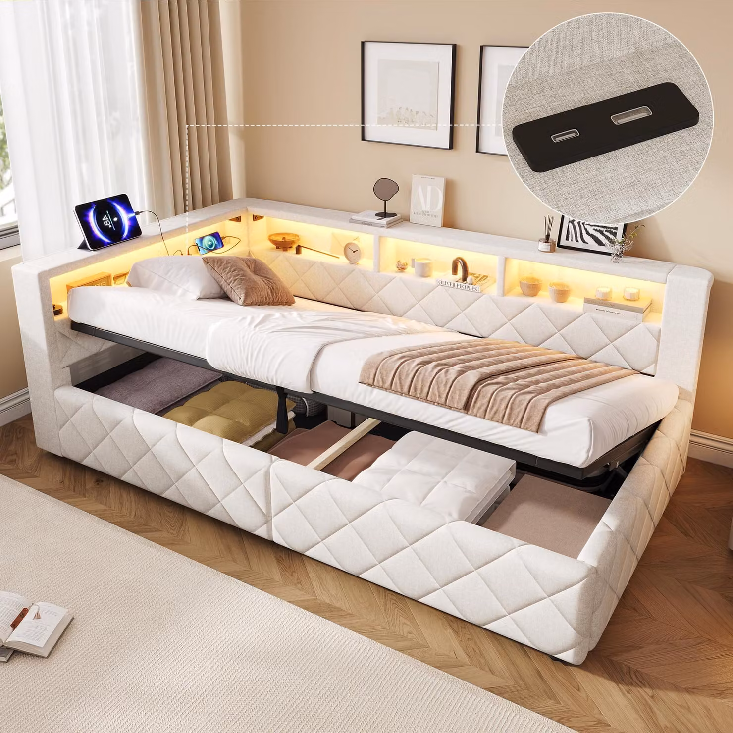 Divano letto 90 x 200 cm con spazio contenitore a pistone idraulico, striscia LED, porta USB, vano aperto nella testata e rete a doghe, tessuto in lino, color beige