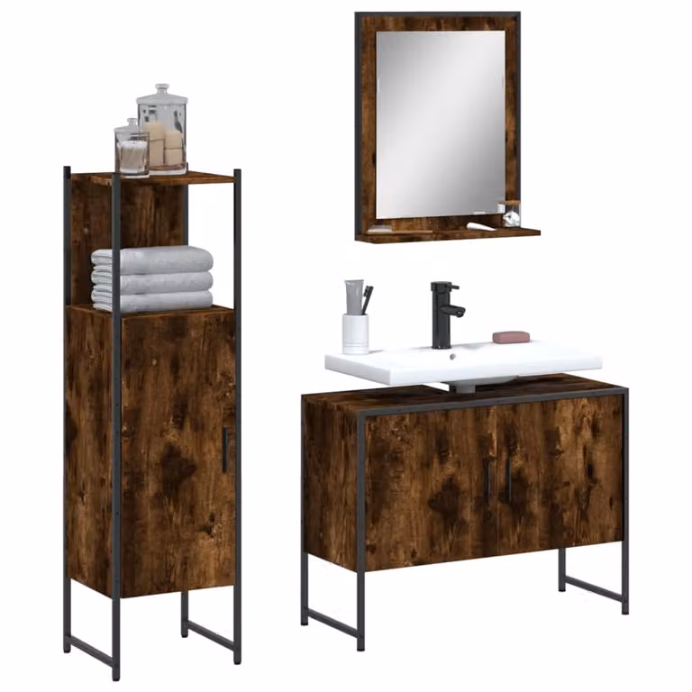 Set di mobili da bagno vidaXL 3 pezzi in legno e metallo stile industriale colore marrone con mobile lavabo, pensile e mobiletto laterale