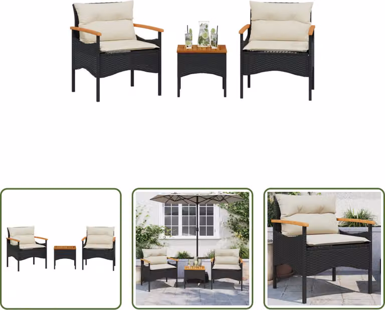 The Living Store Set di divani da giardino a 3 pezzi con cuscini in poly rattan nero