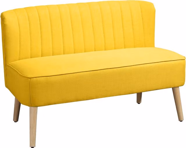 Divano 2 Posti HOMCOM in Tessuto Effetto Lino Giallo con Gambe in Legno L: 117 cm, P: 56.5 cm, H: 77 cm