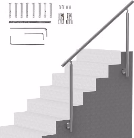 Corrimano per gradini esterni VEVOR in acciaio inossidabile color argento, lunghezza 150 cm, con montaggio laterale a doppia colonna e kit di installazione incluso