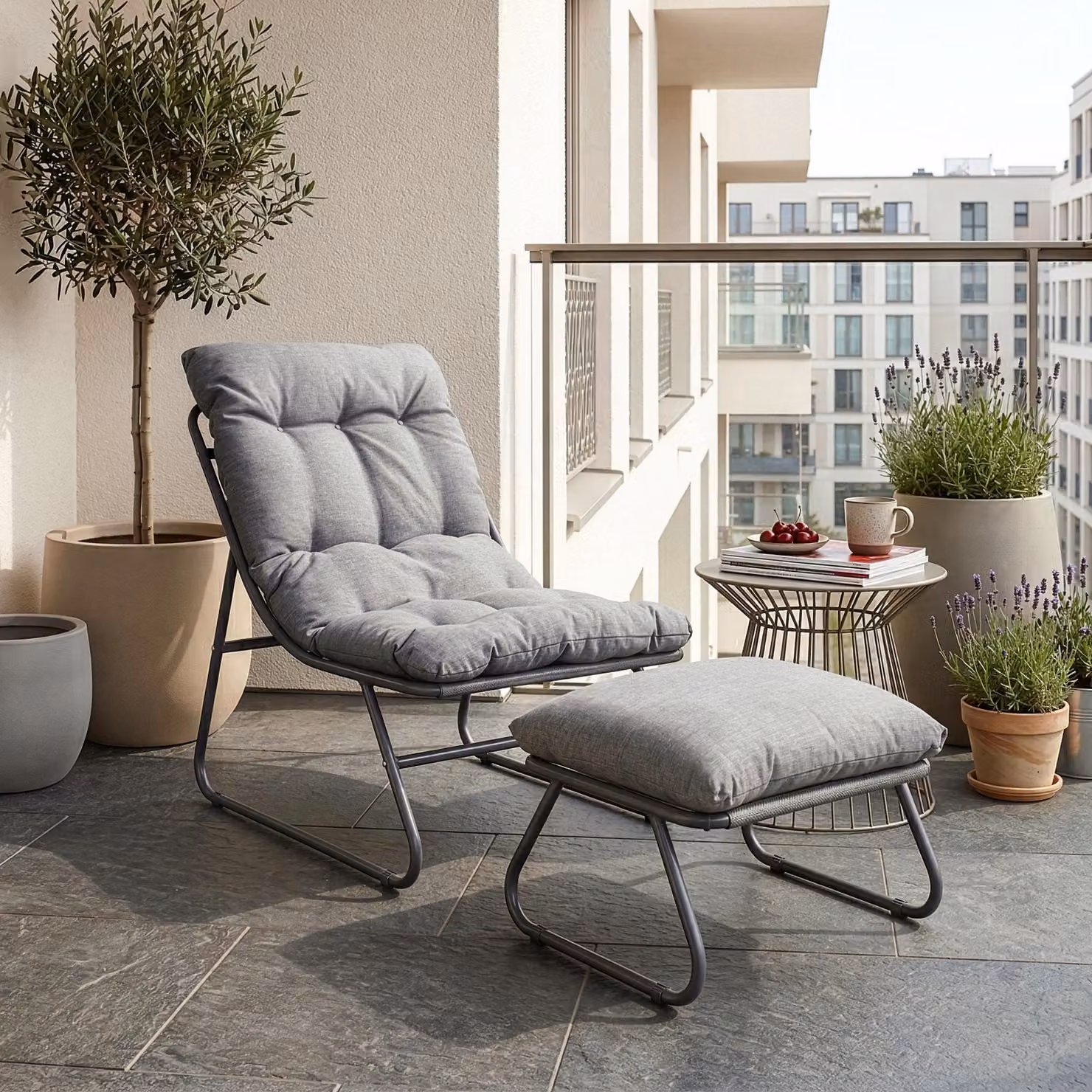 Set di mobili da giardino "Malmö", 2 pezzi: poltrona con poggiapiedi, cuscini imbottiti, struttura in metallo, grigio scuro
